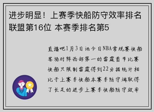 进步明显！上赛季快船防守效率排名联盟第16位 本赛季排名第5